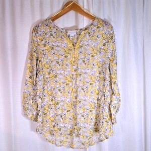 Liz Claiborne Womens Yellow Floral 3/4‎ Sleeve Henley Blouse Top Size L Large